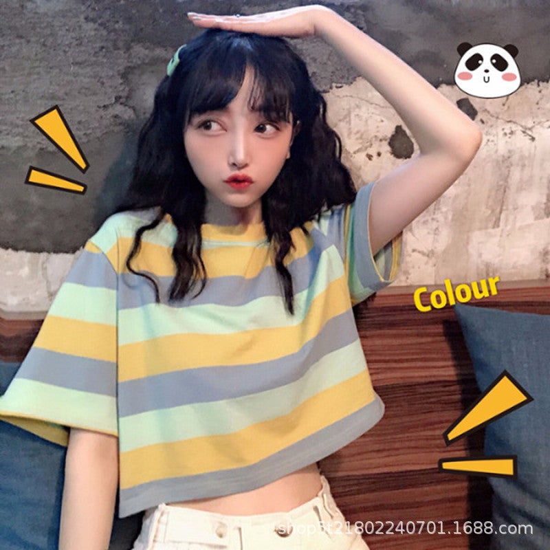 Rainbow Striped Short-sleeved T-shirt Womens 2020 Spring and Summer New Korean-style Loose Short Western-style All-match Internet Celebrity Top 265 green stripe