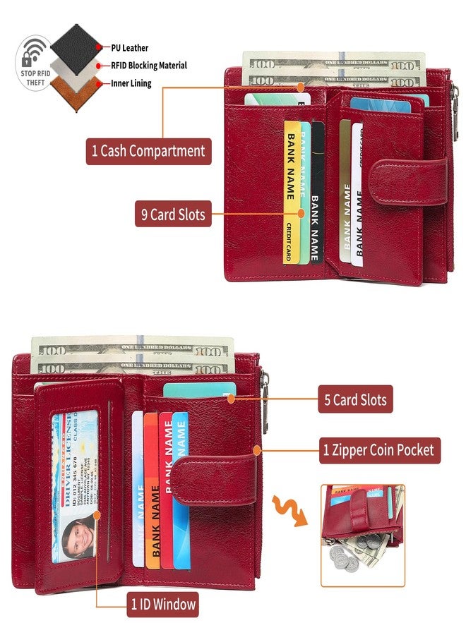 GAEKEAO محفظة صغيرة للنساء من الجلد من GAEKEAO، مزودة بحماية RFID، وجيب بسحاب، وحافظة بطاقات، ونافذة لعرض الهوية، من النوع 01، لون أحمر خمري شمعي، كلاسيكي - Image 2