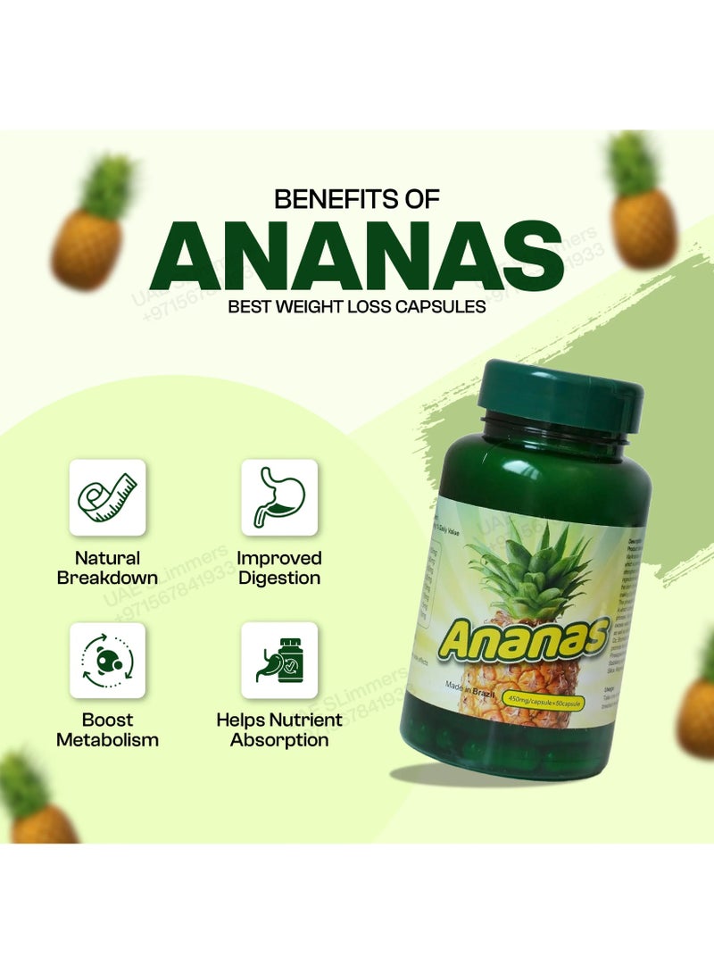 Ananas 450mg Pineapple Extract 50 Capsules Dietary Enzyme Supplement for Digestive Balance Made in Brazil Green Bottle Pack - Image 3