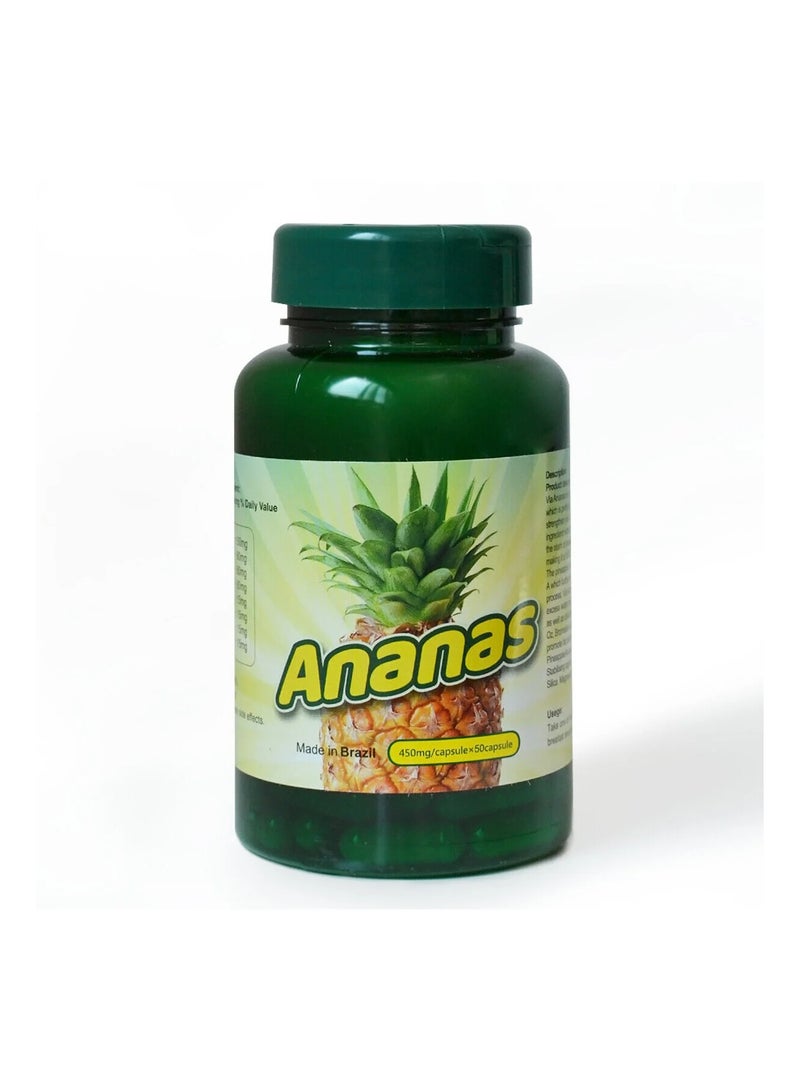 Ananas 450mg Pineapple Extract 50 Capsules Dietary Enzyme Supplement for Digestive Balance Made in Brazil Green Bottle Pack - Image 2