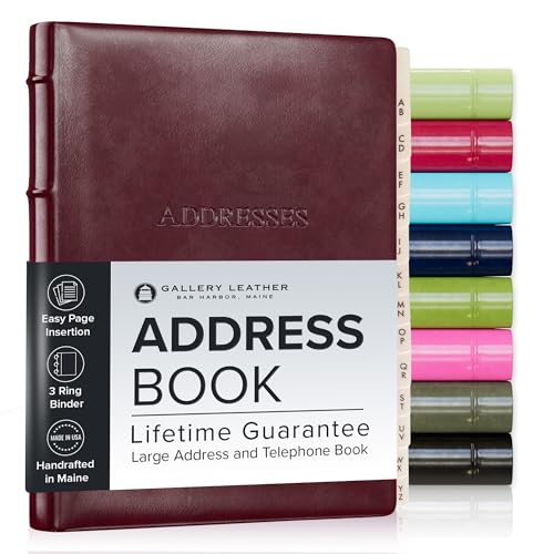 Gallery Leather Large Address Book with Alphabetical Tabs up to 480 records, Leather Notebook Hardcover, Telephone and Address Books - 9x7, Desk Address, Acadia Burgundy - Image 1