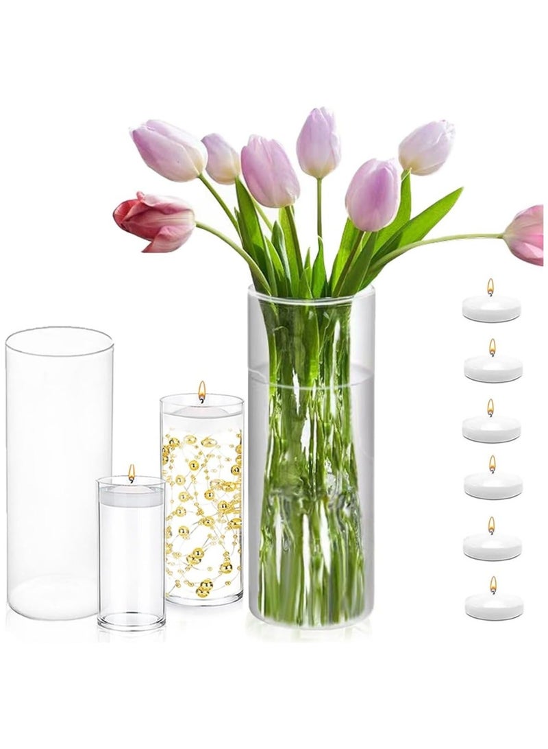Home zone Set of 4 Pcs Glass Cylinder Vases for Centrepieces with 6 Pcs White Floating Candles for Table Shelf Wedding Party Home Décor (S+M+L+XL) - Image 1