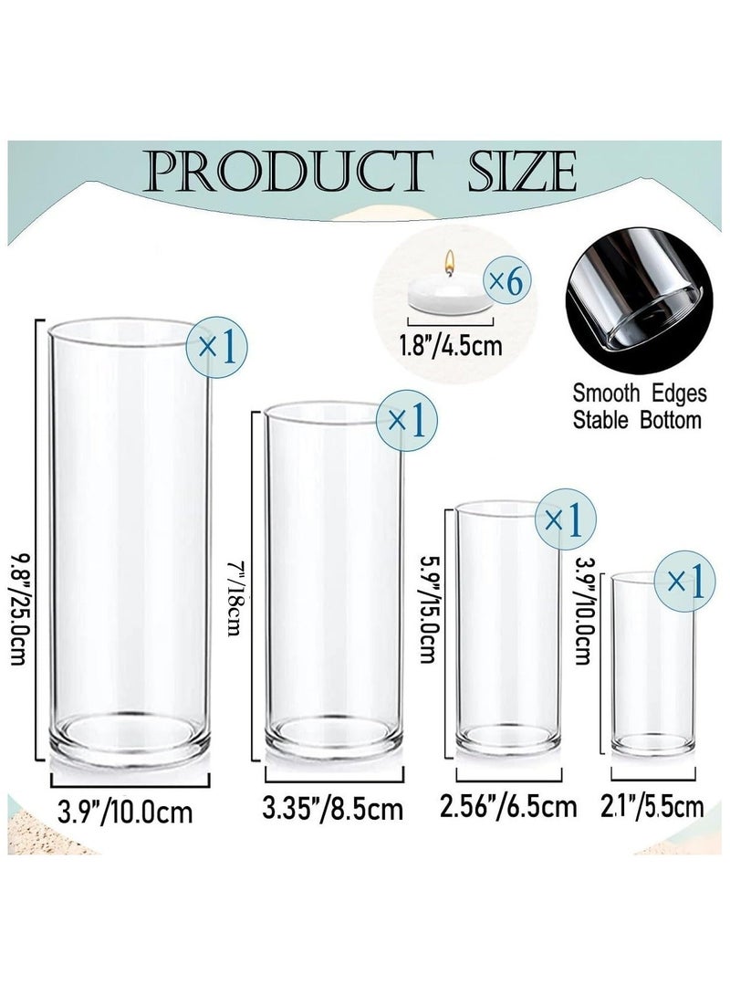 Home zone Set of 4 Pcs Glass Cylinder Vases for Centrepieces with 6 Pcs White Floating Candles for Table Shelf Wedding Party Home Décor (S+M+L+XL) - Image 2