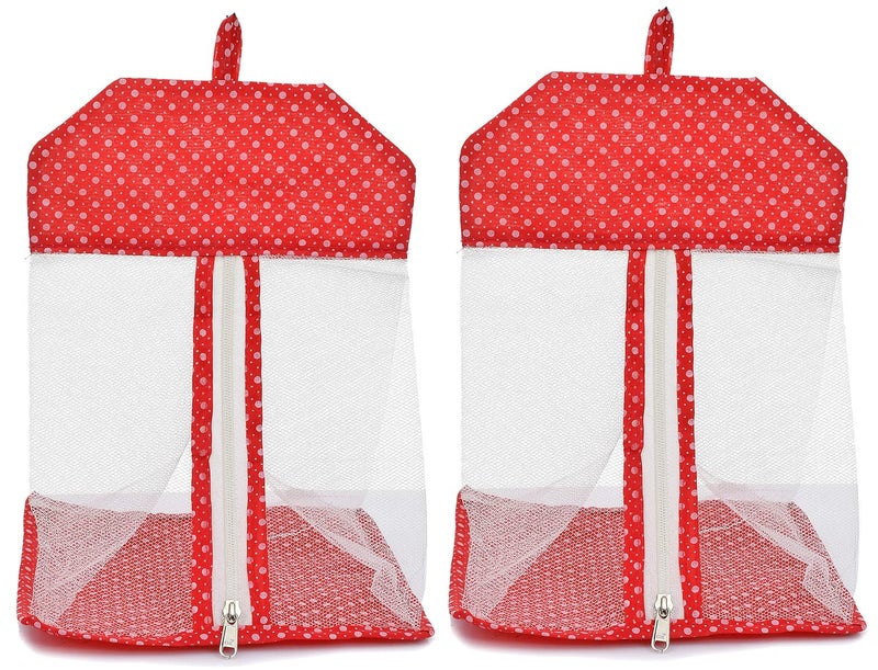 Kuber Industries Dot Printed Cotton Hanging Mesh Clothes Bag Organizer For Store Socks Underwear ClothespinsGadgetCosmeticGarlicOnion With Zipper Hanging Loop Pack of 2 Red - Image 1