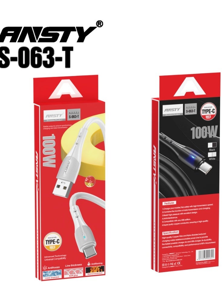 ANSTY S-063-T 100W Type-C Cable - Silicone Fast Charging for Laptops & Phones, Soft Touch & Tangle-Free, Durable Design - Image 2
