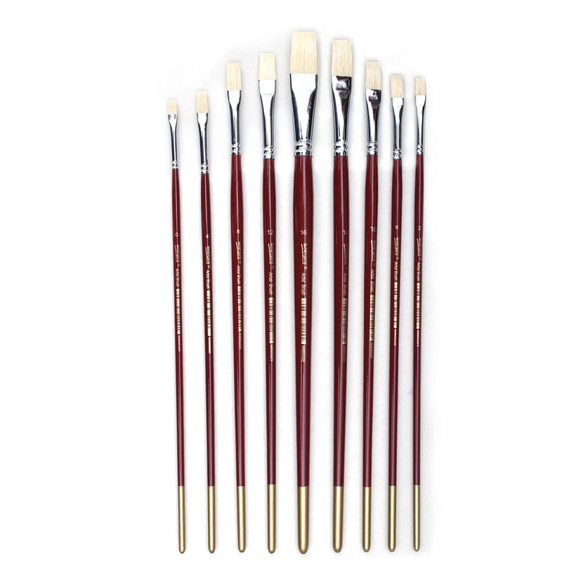Chrome Long Handle White Bristle Hair Flat Tip Artist Paint Brushes -9 Piece Set - Image 1