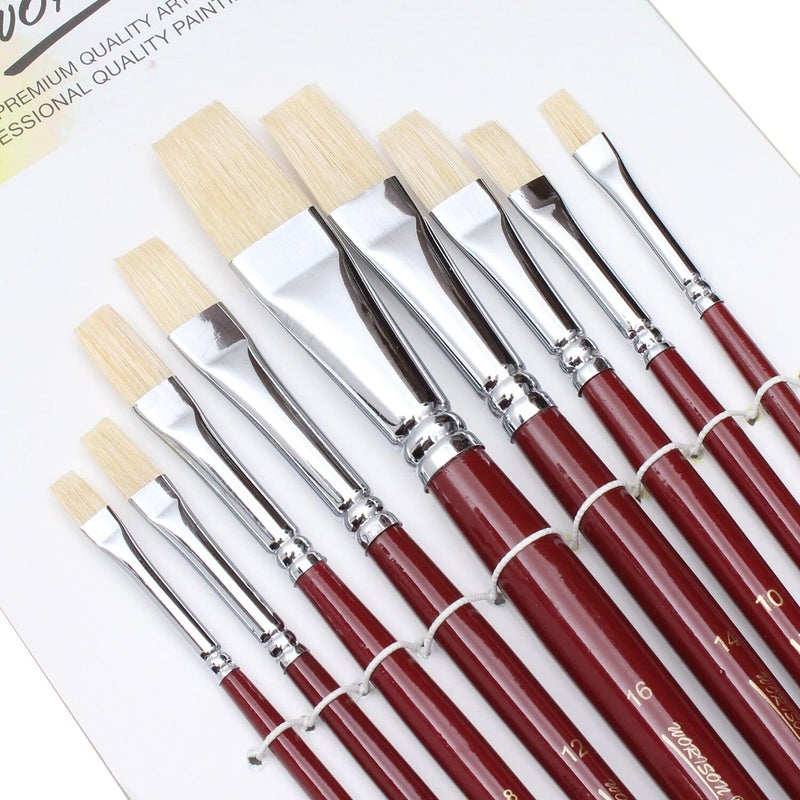 Chrome Long Handle White Bristle Hair Flat Tip Artist Paint Brushes -9 Piece Set - Image 2