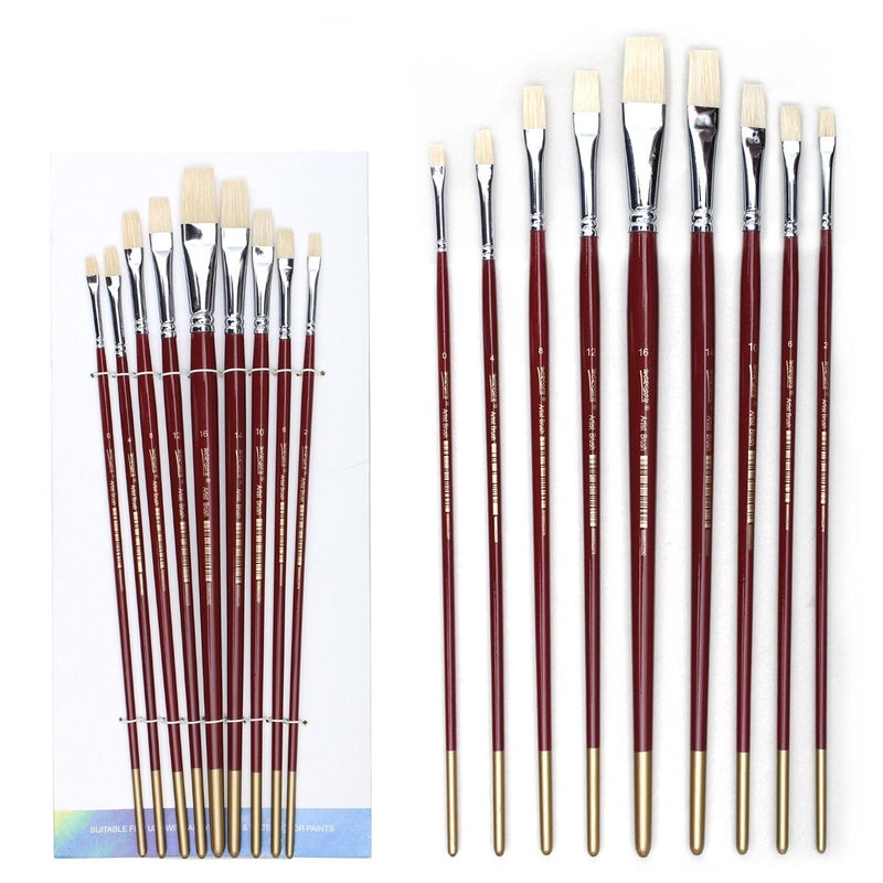 Chrome Long Handle White Bristle Hair Flat Tip Artist Paint Brushes -9 Piece Set - Image 4