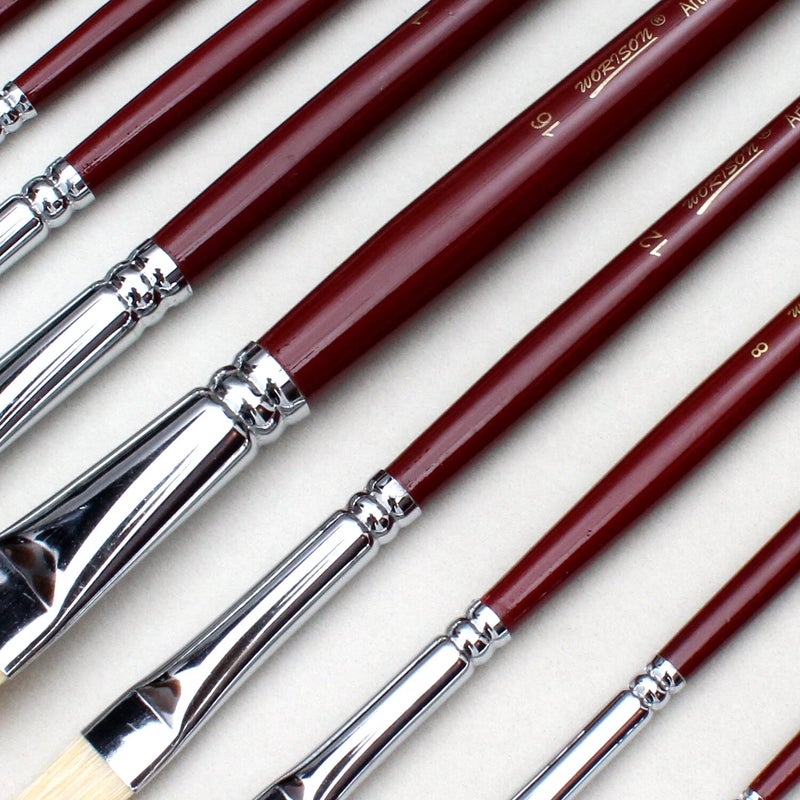 Chrome Long Handle White Bristle Hair Flat Tip Artist Paint Brushes -9 Piece Set - Image 3