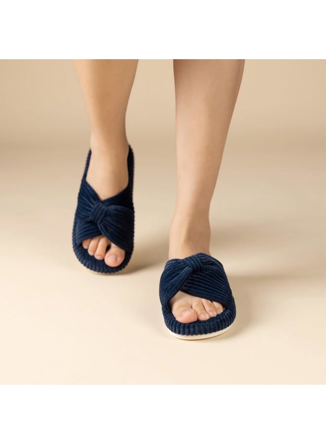 Chantomoo Slippers for Women Memory Foam House Bedroom Corduroy Bow Crossbands Slide Slipper Shoes Comfy Trendy Gift Slippers,Navy 40/41 EU - Image 2