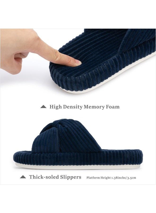 Chantomoo Slippers for Women Memory Foam House Bedroom Corduroy Bow Crossbands Slide Slipper Shoes Comfy Trendy Gift Slippers,Navy 40/41 EU - Image 3