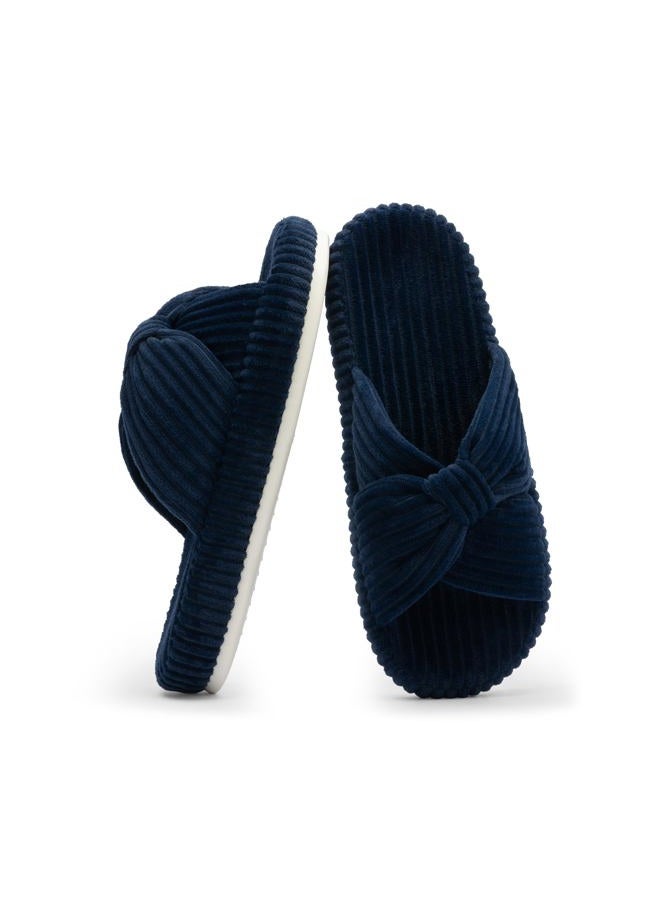 Chantomoo Slippers for Women Memory Foam House Bedroom Corduroy Bow Crossbands Slide Slipper Shoes Comfy Trendy Gift Slippers,Navy 40/41 EU - Image 1