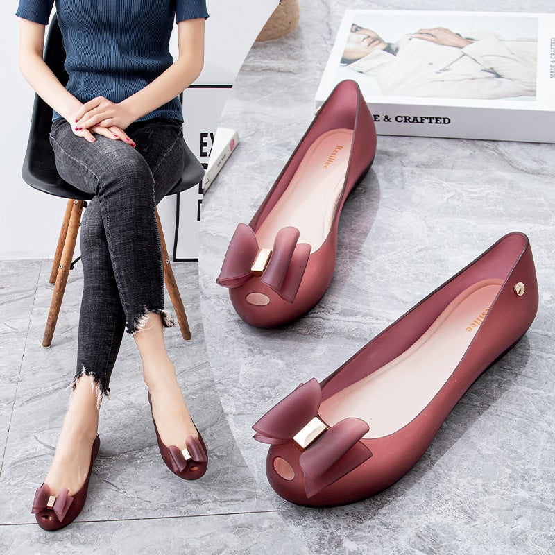 2023 Summer Bow Fishmouth Jelly Shoes Sweet Shallow Mouth Non-Slip Flat Shoes Waterproof Rain Shoes Beach Sandals For Women - Image 2