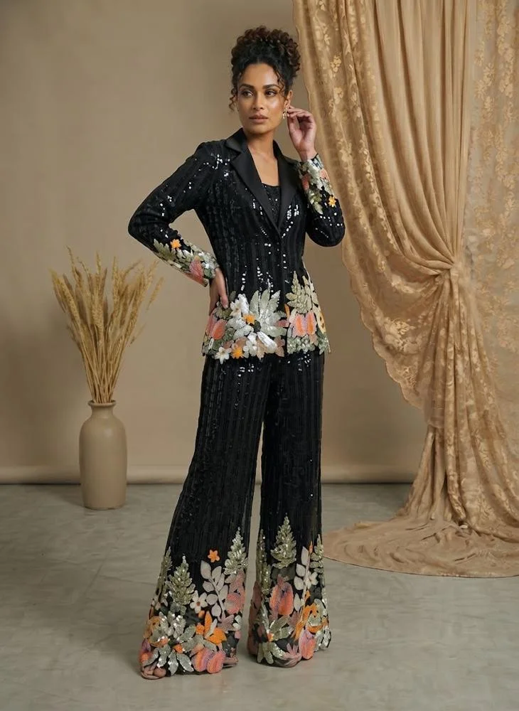 Viny VINY Black 3-Piece Sequin Embroidered Blazer Suit Set – Women's Indian Ethnic Wear