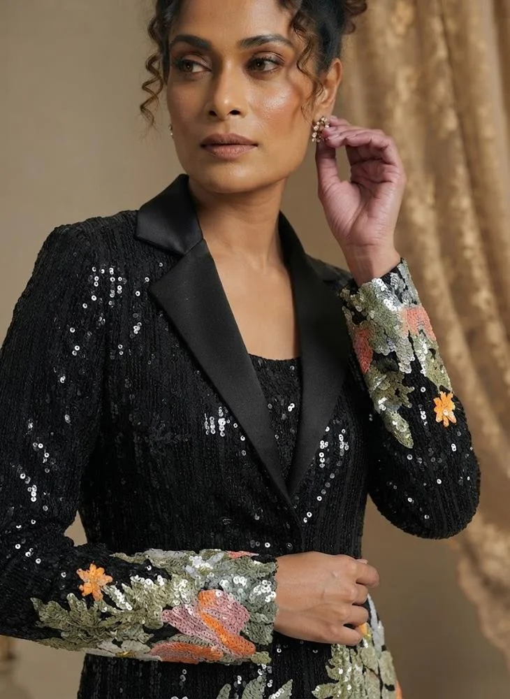 Viny VINY Black 3-Piece Sequin Embroidered Blazer Suit Set – Women's Indian Ethnic Wear