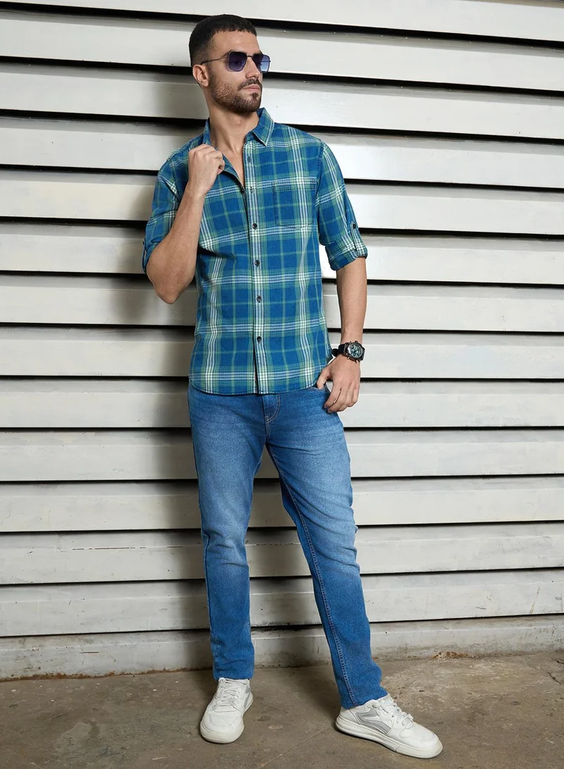 HIGH STAR Men's Multicolour 100% Cotton Checkered Button Down Regular Fit Shirt
