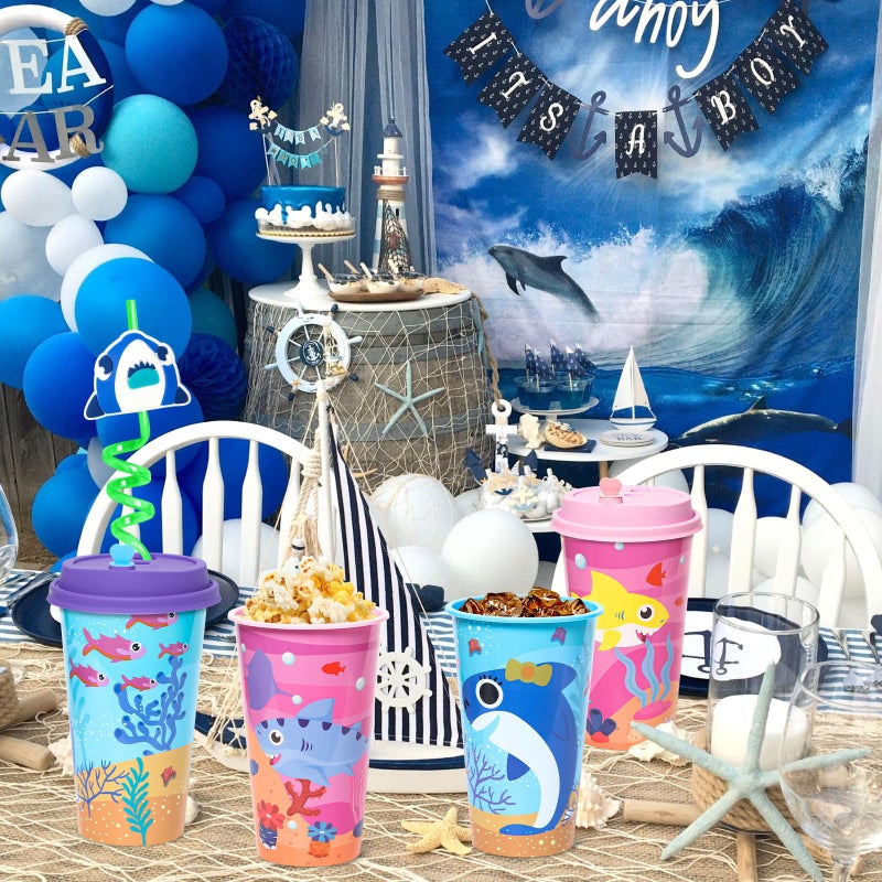 Lidmada Shark Party Favors Goodie Cups with Lids, 24 Pack Birthday Party Cups in 4 Colors, 16OZ Plastic Ocean Shark Themed Reusable Party Supplies Decorations Cups for Baby Kids Christmas Winter Gifts - Image 5