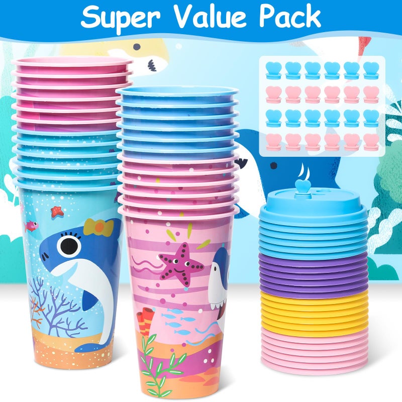 Lidmada Shark Party Favors Goodie Cups with Lids, 24 Pack Birthday Party Cups in 4 Colors, 16OZ Plastic Ocean Shark Themed Reusable Party Supplies Decorations Cups for Baby Kids Christmas Winter Gifts - Image 3