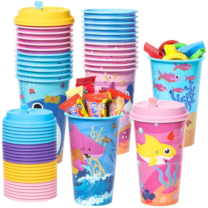 Lidmada Shark Party Favors Goodie Cups with Lids, 24 Pack Birthday Party Cups in 4 Colors, 16OZ Plastic Ocean Shark Themed Reusable Party Supplies Decorations Cups for Baby Kids Christmas Winter Gifts - Image 1