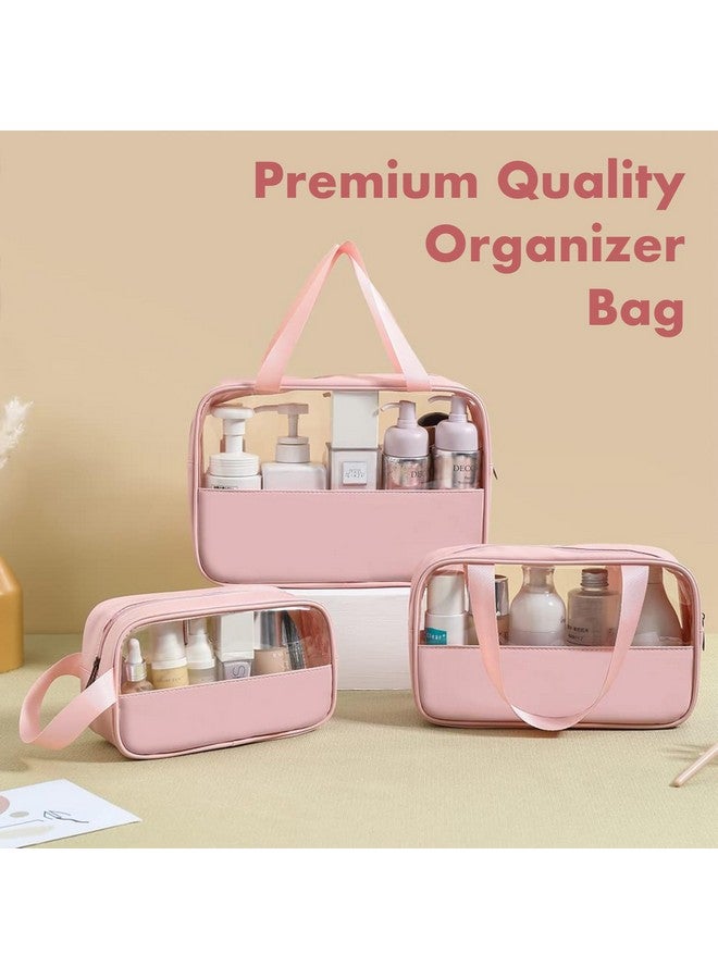 HOOPOES Travel Toiletry Pouch for Women & Men, Portable Cosmetic Organizer Bag for Full-Sized Shampoo, Brushes Set, Toys, Stationery, Bathroom & Makeup Accessories (Pink, 3 pcs Set) - Image 2