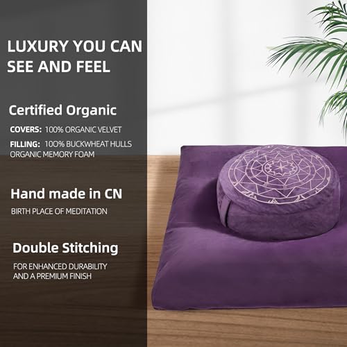 ellier Zafu & Zabuton Meditation Cushion Set - Buckwheat Hull & Memory Foam Pillows, Ergonomic Support for Yoga, Mindfulness - Organic Velvet Cover, Large Size, Purple - Image 5