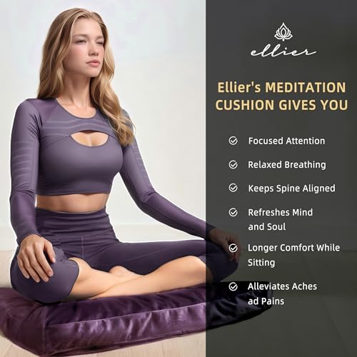 ellier Zafu & Zabuton Meditation Cushion Set - Buckwheat Hull & Memory Foam Pillows, Ergonomic Support for Yoga, Mindfulness - Organic Velvet Cover, Large Size, Purple - Image 4