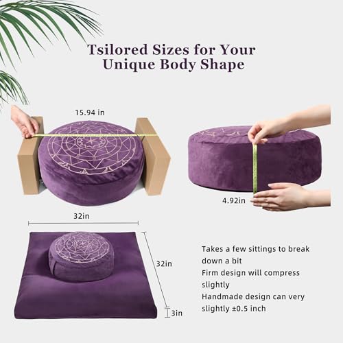 ellier Zafu & Zabuton Meditation Cushion Set - Buckwheat Hull & Memory Foam Pillows, Ergonomic Support for Yoga, Mindfulness - Organic Velvet Cover, Large Size, Purple - Image 2