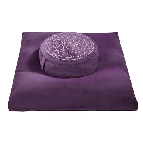 ellier Zafu & Zabuton Meditation Cushion Set - Buckwheat Hull & Memory Foam Pillows, Ergonomic Support for Yoga, Mindfulness - Organic Velvet Cover, Large Size, Purple - Image 1