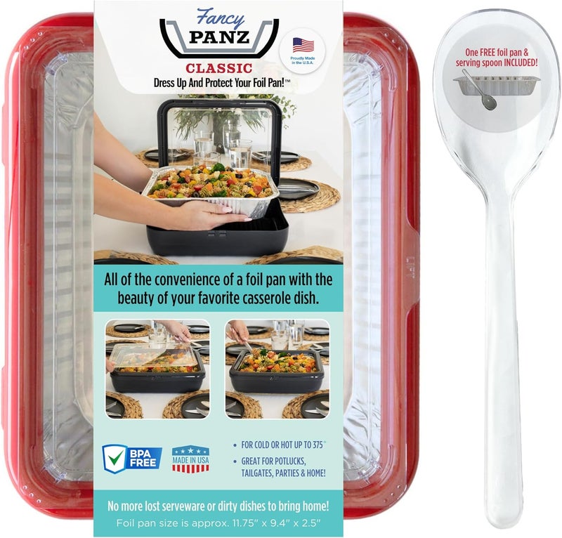 Fancy Panz - Red Classic Aluminum Foil Pan Carrier with Lid - Elevated Food Serving Tray - Portable Casserole Carrier with Lid - Made in The USA Hosting Essentials - Image 1