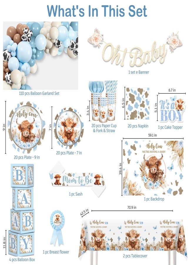 Cocomigo 241pcs Highland Cow Baby Shower Decorations for Boy, One-stop Package Includes 40 Plates 2 Tablecloths 1 Sash and 1 Pin, Complete Balloon Arch Tableware Set for Baby Shower - Image 3