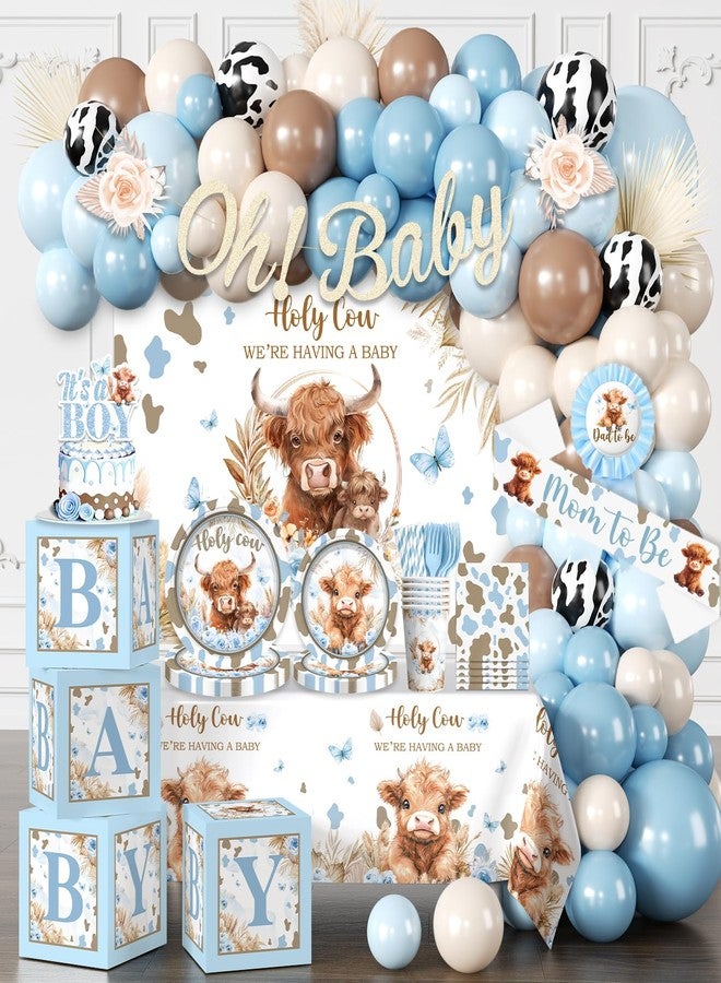 Cocomigo 241pcs Highland Cow Baby Shower Decorations for Boy, One-stop Package Includes 40 Plates 2 Tablecloths 1 Sash and 1 Pin, Complete Balloon Arch Tableware Set for Baby Shower - Image 1
