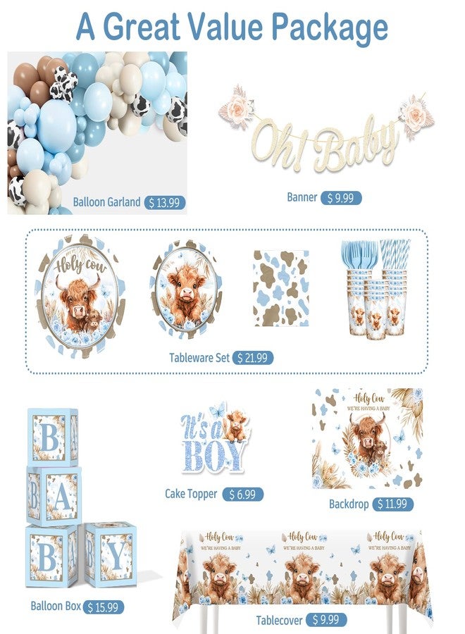 Cocomigo 241pcs Highland Cow Baby Shower Decorations for Boy, One-stop Package Includes 40 Plates 2 Tablecloths 1 Sash and 1 Pin, Complete Balloon Arch Tableware Set for Baby Shower - Image 4