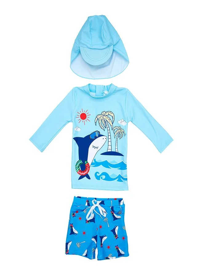 babyqlo Beach Shark 3 Pc Boys Swimsuit Set Blue