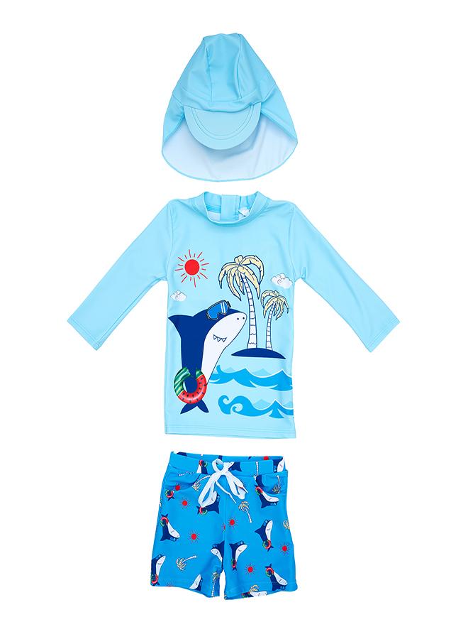 babyqlo Beach Shark 3 Pc Boys Swimsuit Set Blue - Image 1