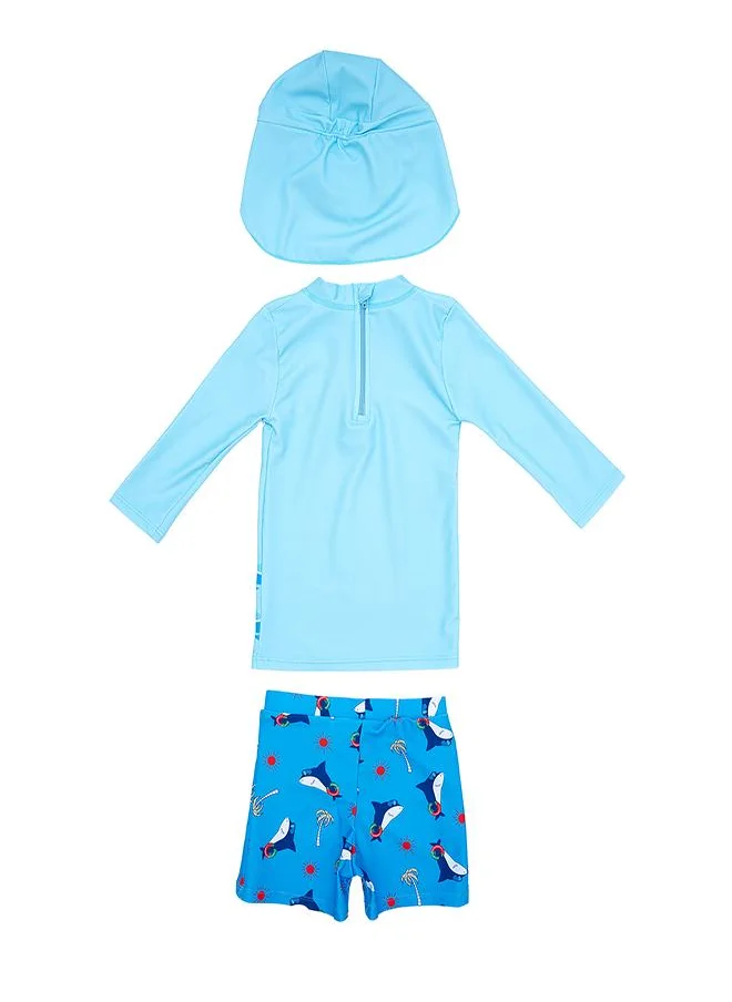 babyqlo Beach Shark 3 Pc Boys Swimsuit Set Blue
