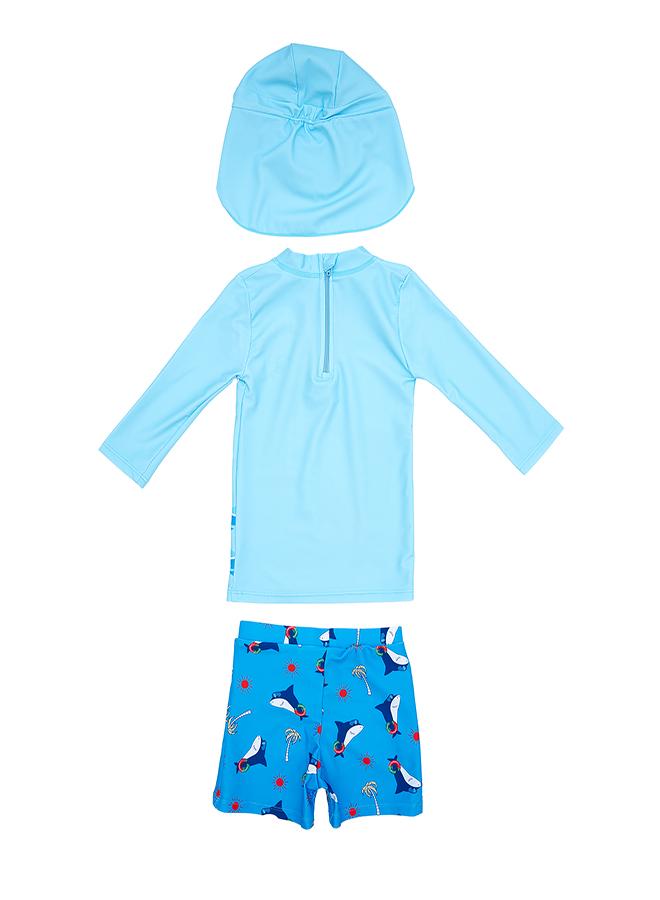babyqlo Beach Shark 3 Pc Boys Swimsuit Set Blue - Image 2