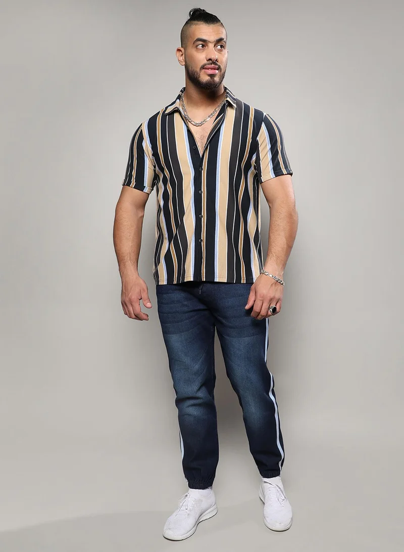 Instafab Plus Instafab Plus Men's Multicolour Barcode Striped Shirt For Casual Wear | Spread Collar | Short Sleeve | Button Closure | Shirt Crafted With Comfort Fit For Everyday Wear