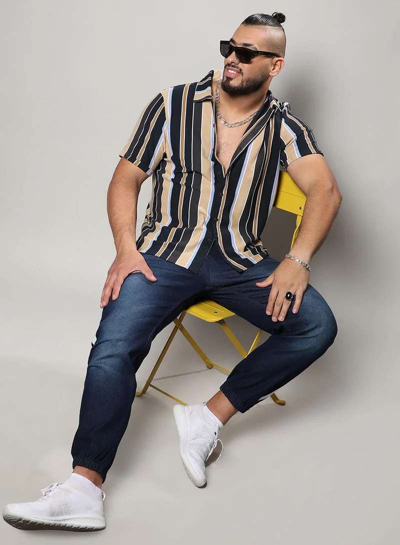 Instafab Plus Instafab Plus Men's Multicolour Barcode Striped Shirt For Casual Wear | Spread Collar | Short Sleeve | Button Closure | Shirt Crafted With Comfort Fit For Everyday Wear