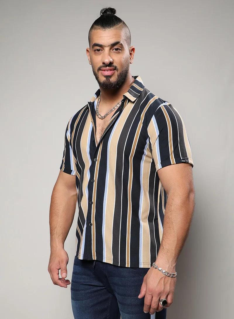 Instafab Plus Instafab Plus Men's Multicolour Barcode Striped Shirt For Casual Wear | Spread Collar | Short Sleeve | Button Closure | Shirt Crafted With Comfort Fit For Everyday Wear
