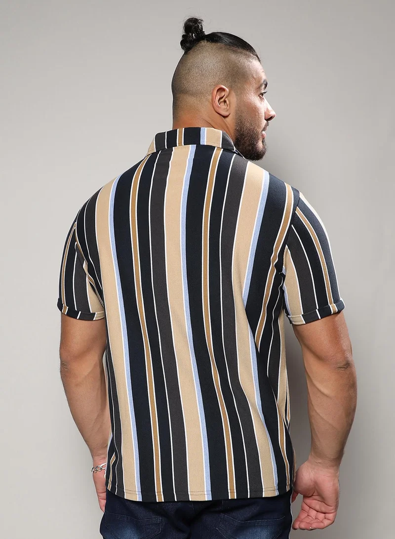 Instafab Plus Instafab Plus Men's Multicolour Barcode Striped Shirt For Casual Wear | Spread Collar | Short Sleeve | Button Closure | Shirt Crafted With Comfort Fit For Everyday Wear