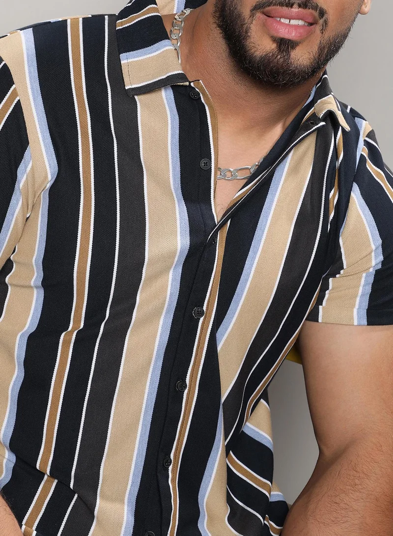 Instafab Plus Instafab Plus Men's Multicolour Barcode Striped Shirt For Casual Wear | Spread Collar | Short Sleeve | Button Closure | Shirt Crafted With Comfort Fit For Everyday Wear