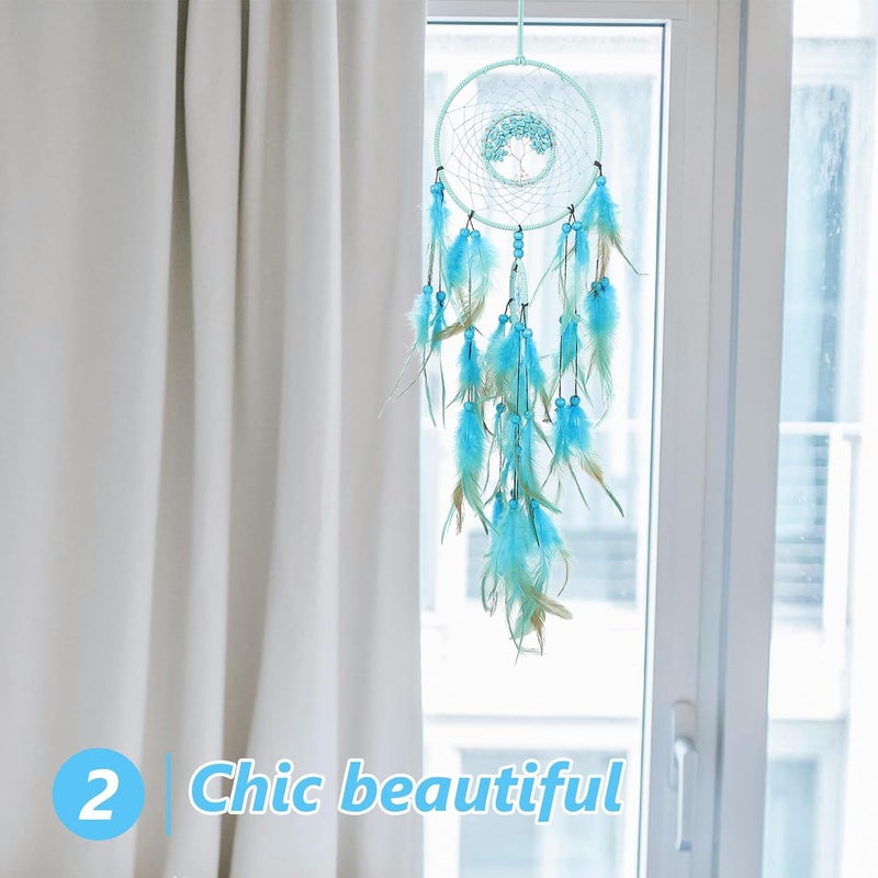 Homoyoyo Handmade Blue-Toned Dream Catcher Wall Hanging with Crystal Accent and Feather Pendant, Boho Home Decor Accent for Bedroom and Balcony, Indoor Dreamcatcher Ornament - Image 4