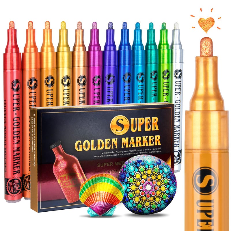 SAKEYR Super Golden Metallic Paint Markers, 12 Colors Sparkle Metallic Glitter Markers, Acrylic Paint Pens for Rock Painting, Glass, Wood, Fabric, Black Paper, Cards, Scrapbook, DIY Art Crafts (2-3mm) - Image 1