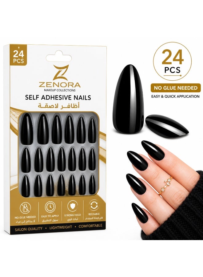 ZENORA Black Self Adhesive Nails 24 PCS – Glossy Press On Nails with Strong Adhesive, Salon Style Fake Nails, Easy Apply Reusable Artificial Nails Kit for Women - Image 1