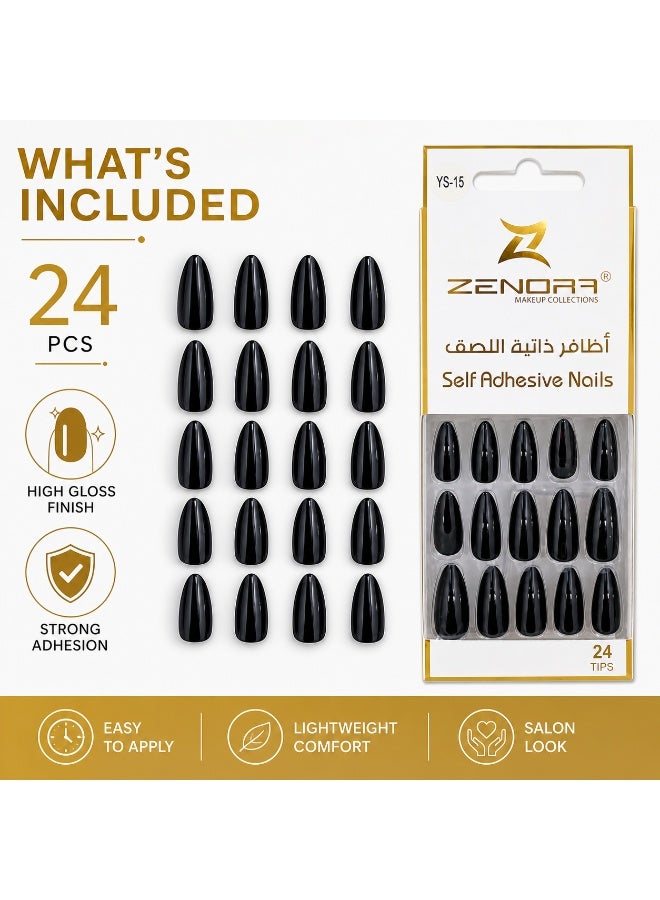 ZENORA Black Self Adhesive Nails 24 PCS – Glossy Press On Nails with Strong Adhesive, Salon Style Fake Nails, Easy Apply Reusable Artificial Nails Kit for Women - Image 2