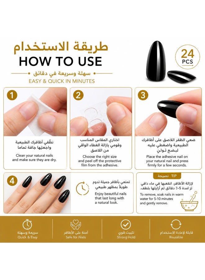 ZENORA Black Self Adhesive Nails 24 PCS – Glossy Press On Nails with Strong Adhesive, Salon Style Fake Nails, Easy Apply Reusable Artificial Nails Kit for Women - Image 4