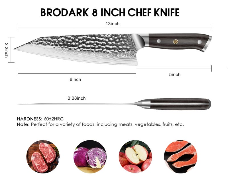 BRODARK Japanese Chef Knife, Damascus Chef Knife 8 inch with Japanese VG-10 Steel Core, Ultra-Sharp Professional Kitchen Knife, Handcrafted with Ebony Wood Handle, Holiday Gifts - Image 4