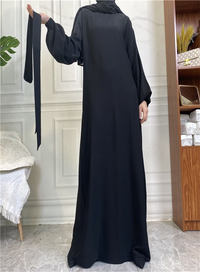 Loquat Casual Elegant Lace-Up Dress Abaya Black  - Image 2