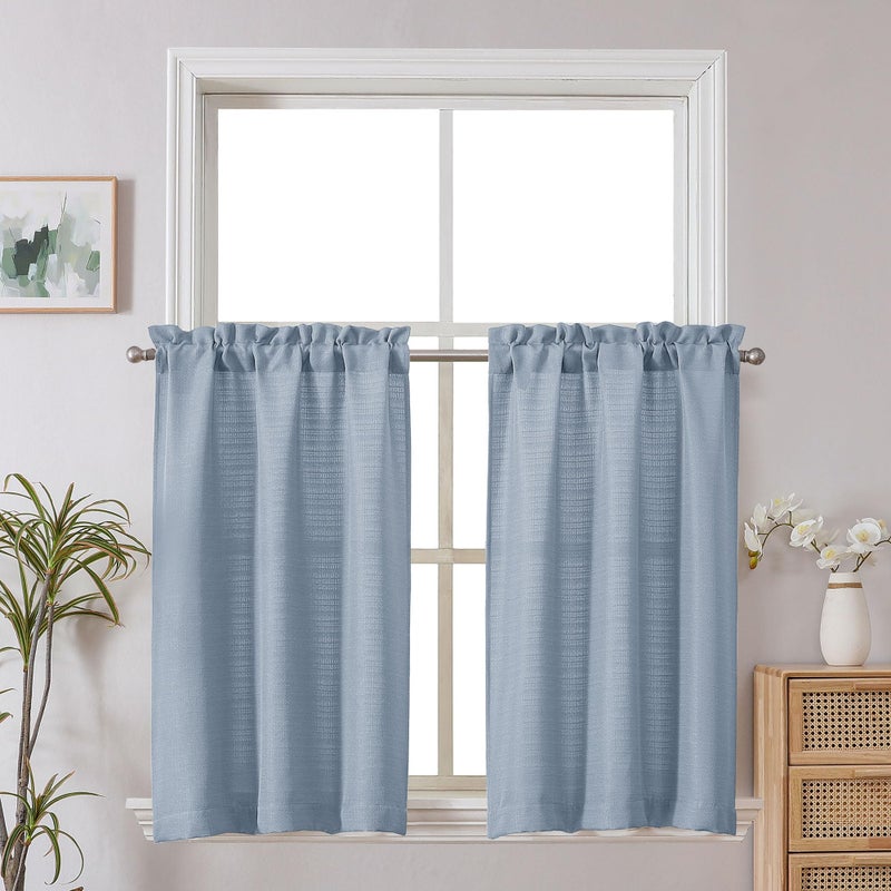 Chyhomenyc Bennet 2 Panels Aqua Blue Kitchen Curtains 36 Inch Length Tier Curtains  Faux Linen Textured Small Cafe Curtains  Light Filtering Short Window Curtains for Bathroom Basement  30x36 inch - Image 1