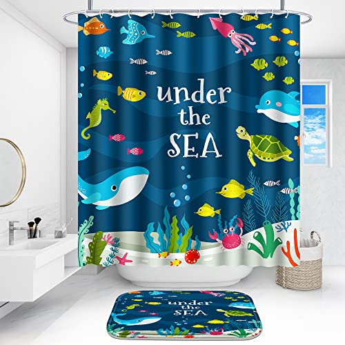 Poedist 4 Pcs Bathroom Shower Curtain Sets,Kid's Shower Curtain Sets with Rugs(Bath Mat,U Shape and Toilet Lid Cover Mat) and 12 Hooks,Under The Sea - Image 2